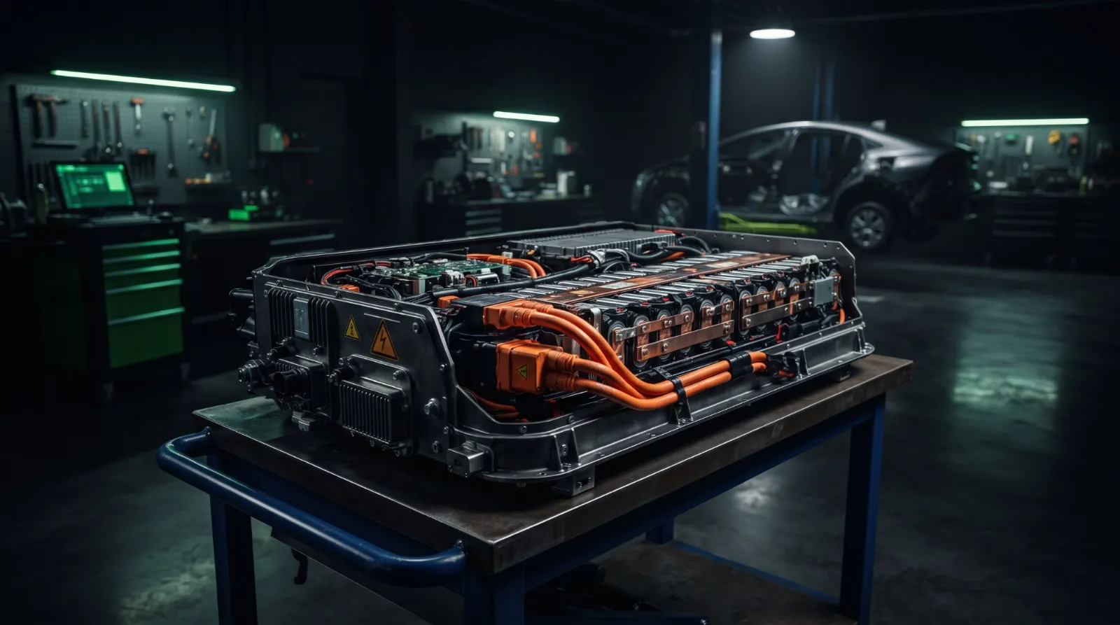 Hybrid battery pack opened on a workbench, with its cell modules and orange high-voltage cabling exposed