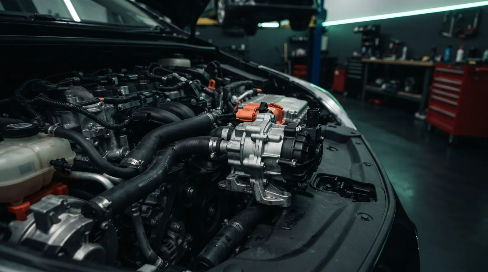 Hybrid engine bay with the electric water pump mounted between the cooling-system hoses
