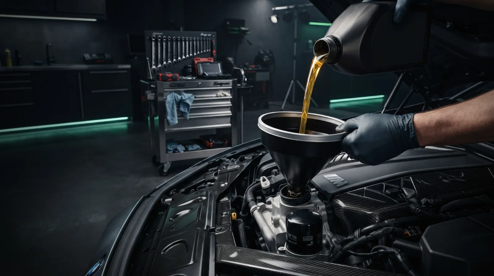 Gloved mechanic pouring fresh oil into an engine through a funnel during an oil change
