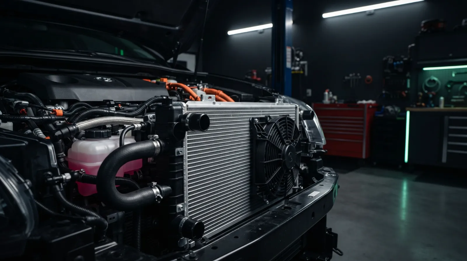 Aluminum radiator and electric cooling fan of a hybrid car with the front end opened up