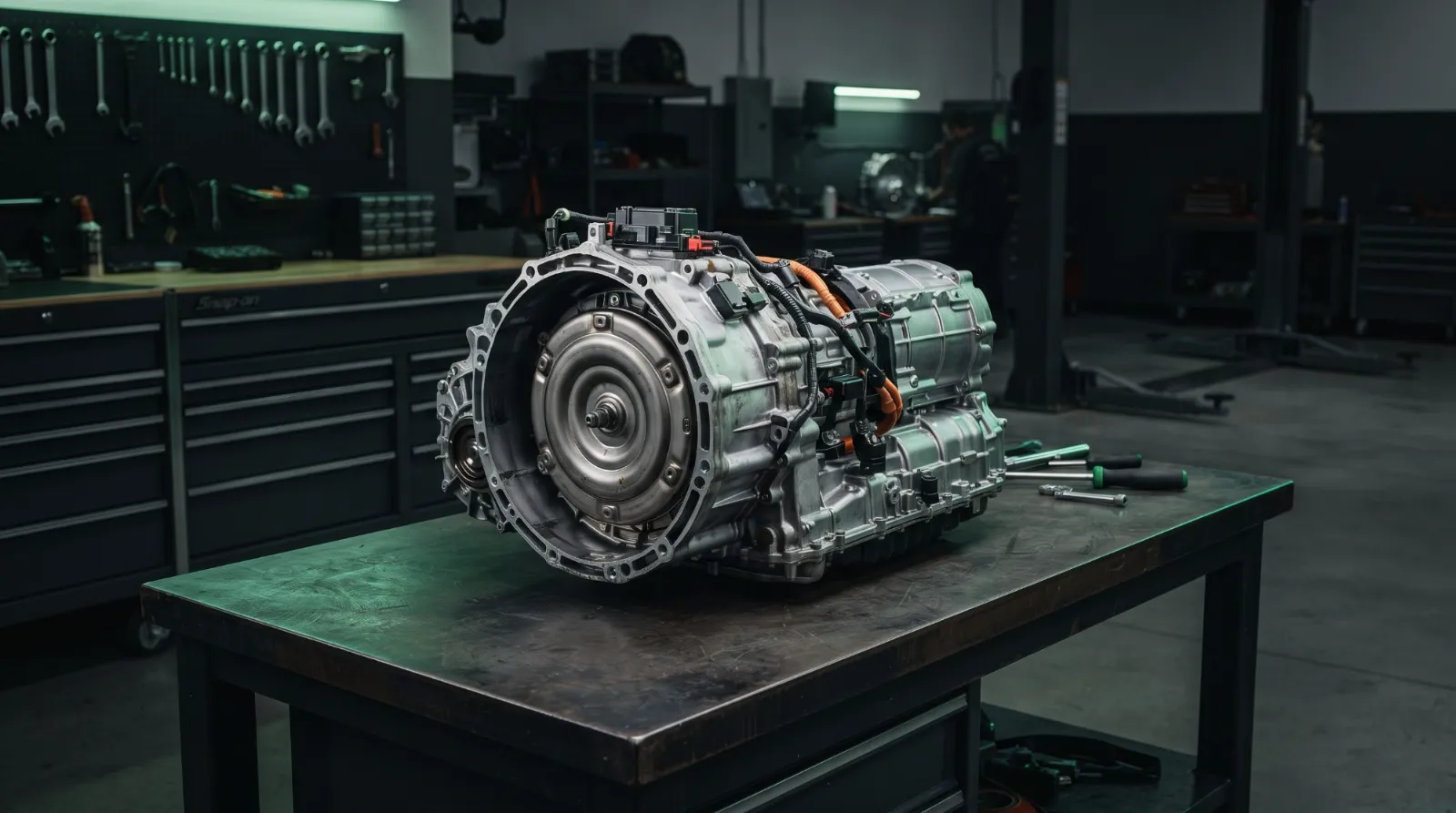 Hybrid transmission removed and resting on a shop workbench with its wiring exposed